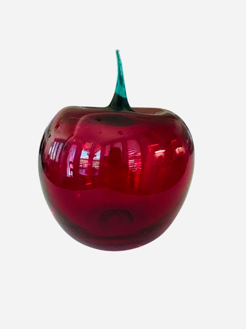 Blenko Ruby Red Apple Emerald Stem Hand Blown Glass Art Vintage Collectible - Picture 4 of 7